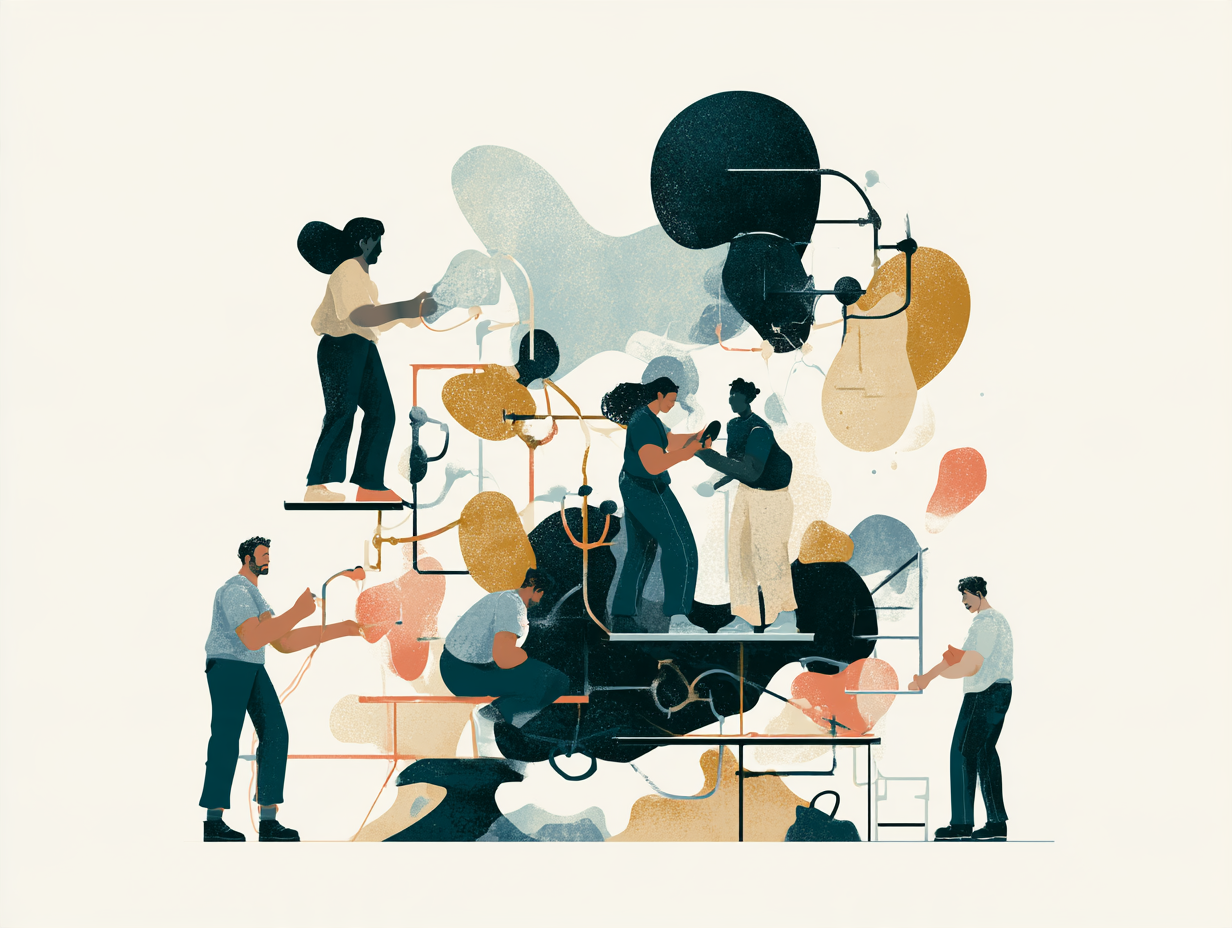 Illustration of people working together assembling a large, abstract, machine-like structure with interconnected shapes and tubes. Designed by Abigail Bentley of AB Research Consulting.