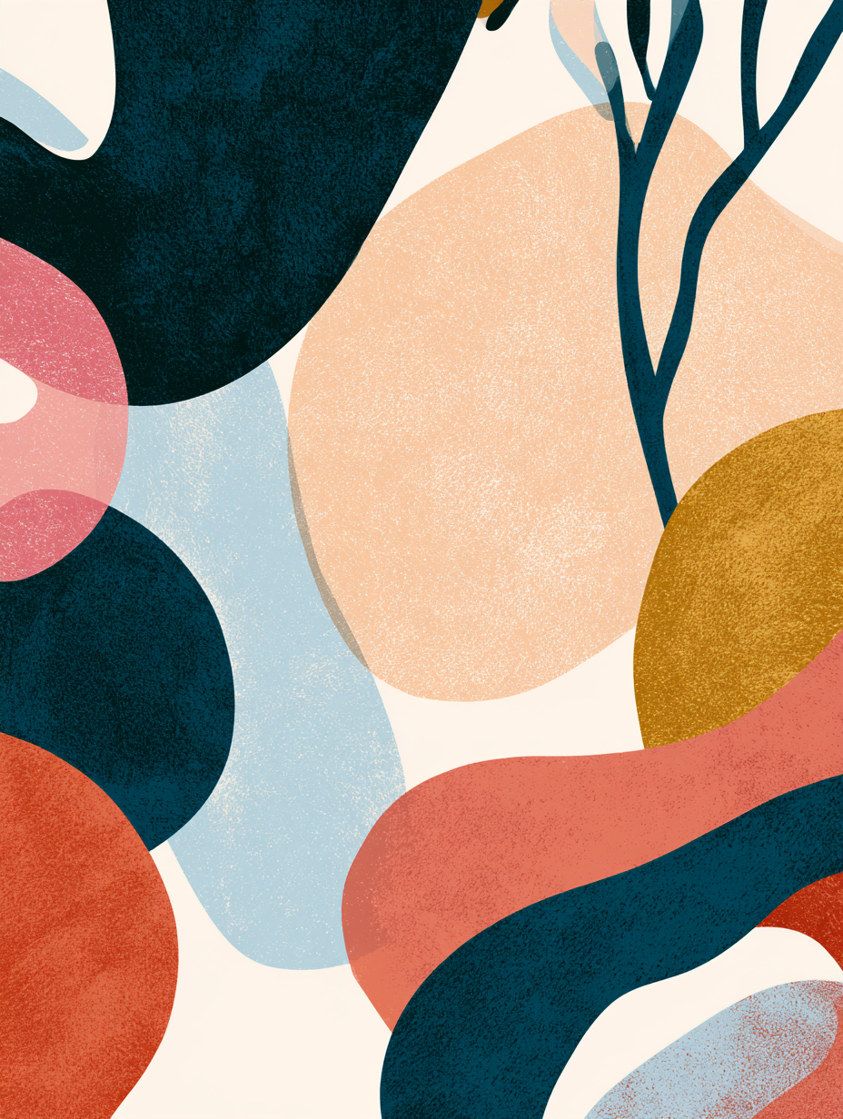 Abstract art featuring large, overlapping circles and curving lines in shades of peach, coral, navy, gold, light blue, and cream. Designed by Abigail Bentley of AB Research Consulting.