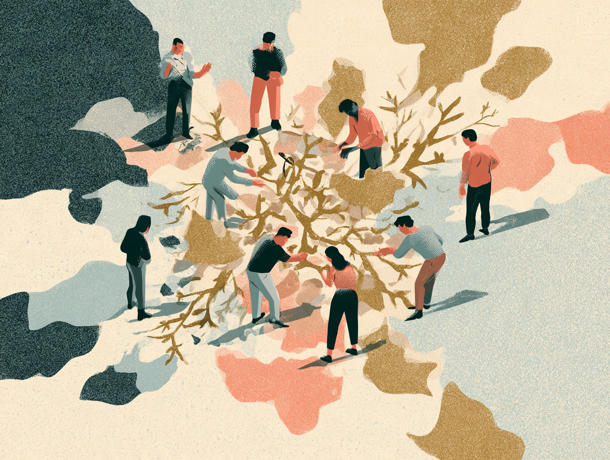Illustration of people working together to plant or care for a tree, viewed from above, with various patches of colored land and vegetation around them. Designed by Abigail Bentley of AB Research Consulting.