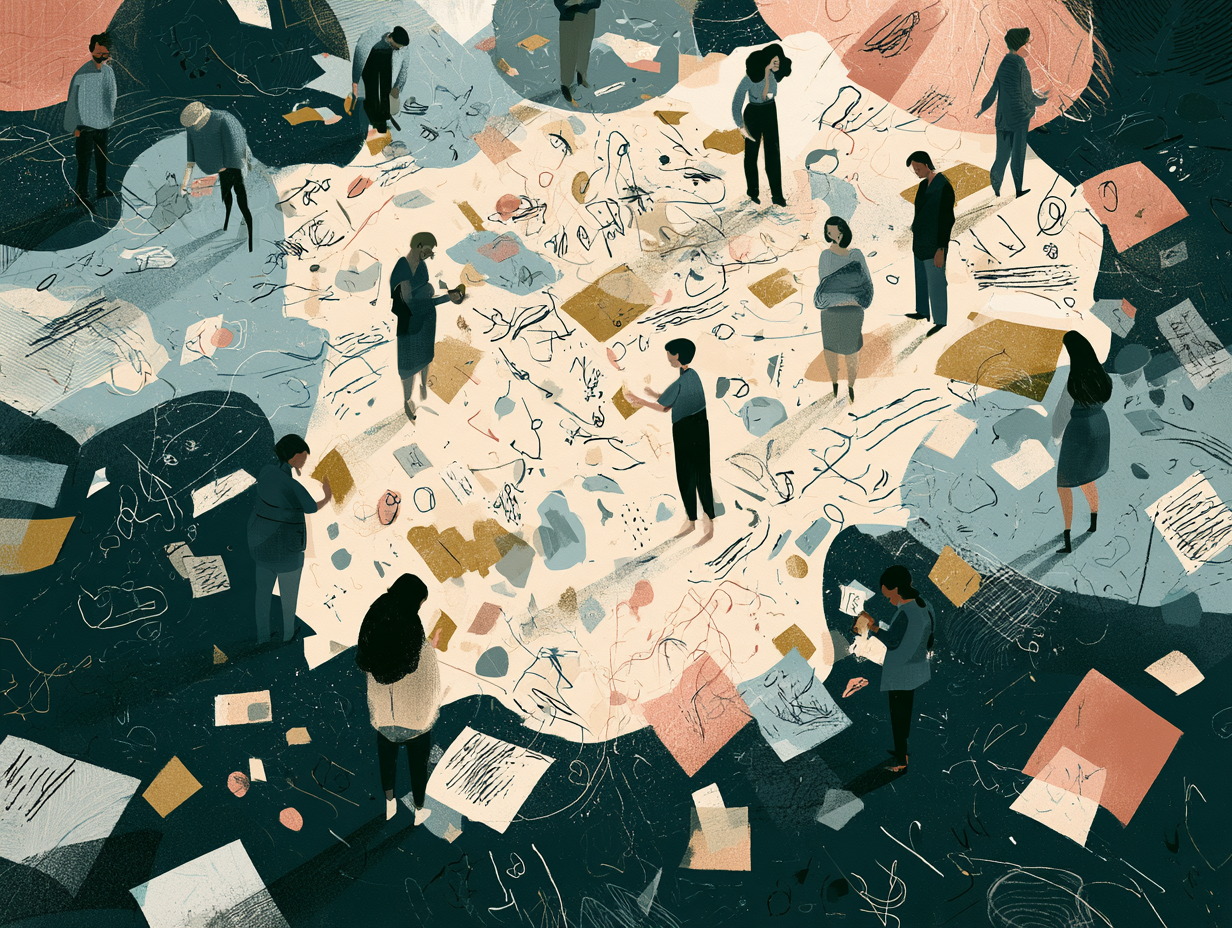 Illustration of multiple people browsing and examining scattered papers, sketches, and documents on a large, abstract, dark background. Designed by Abigail Bentley of AB Research Consulting.