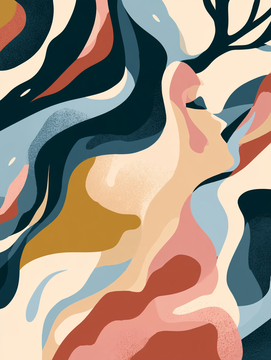 Abstract digital artwork with flowing shapes and colors including navy, pink, beige, light blue, and mustard, resembling a stylized human profile and natural elements. Designed by Abigail Bentley of AB Research Consulting.
