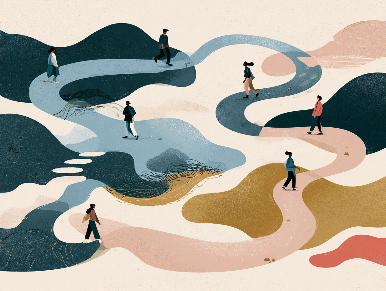 Illustration of people walking along a winding path that resembles streams and hills with various colors and textures. Designed by Abigail Bentley of AB Research Consulting.
