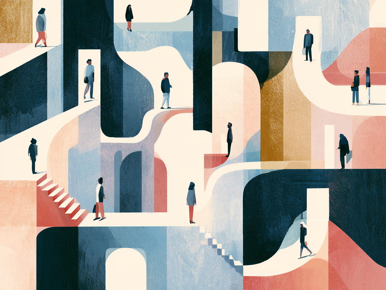 Abstract digital illustration of different people walking on various interconnected staircases and pathways in various colors, creating a maze-like structure. Designed by Abigail Bentley of AB Research Consulting.