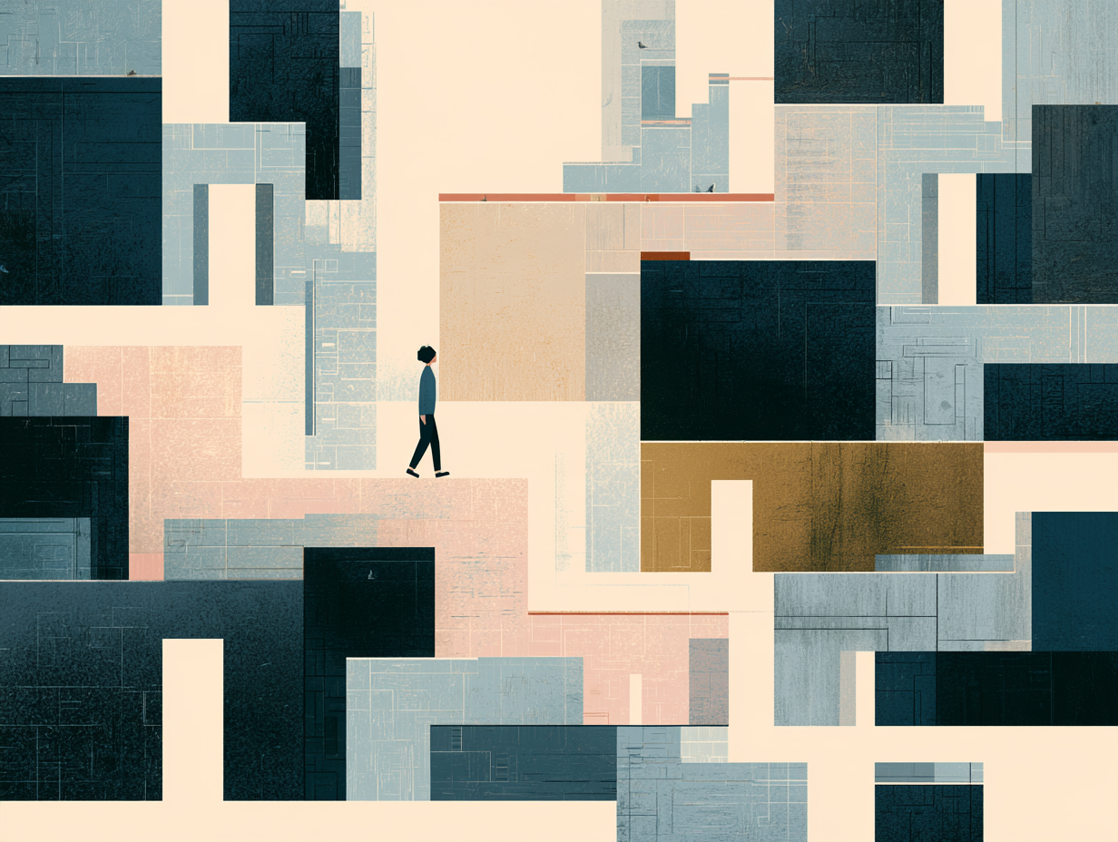 An abstract illustration of a person walking amidst a cityscape of geometric buildings in shades of blue, beige, black, and gold. Designed by Abigail Bentley of AB Research Consulting.