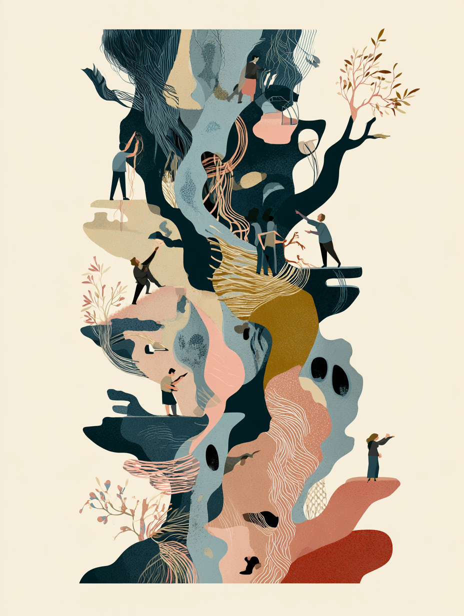An abstract illustration of a face composed of flowing lines, natural elements, and small figures of people interacting with the environment. Designed by Abigail Bentley of AB Research Consulting.