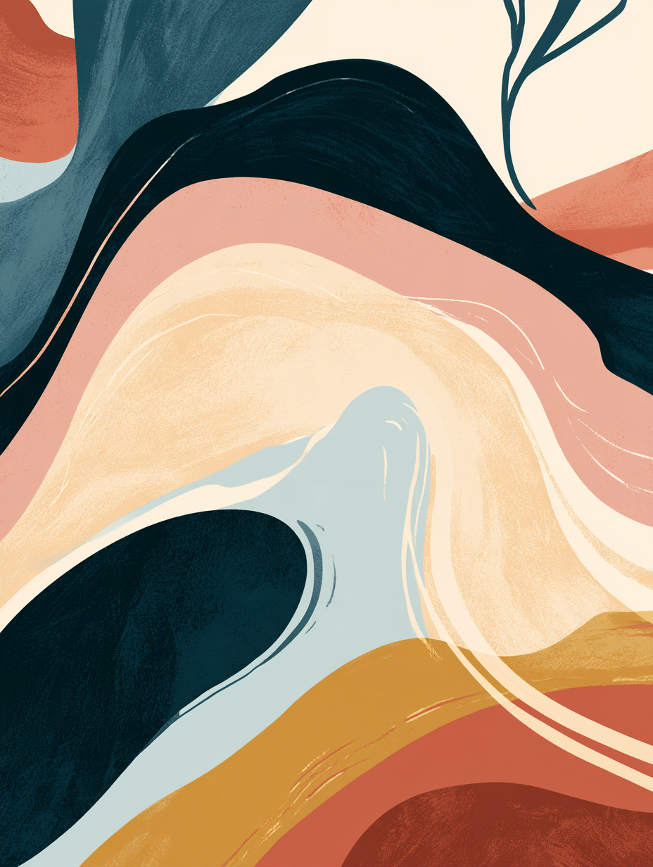 Abstract digital art with flowing, layered shapes in shades of black, cream, pink, peach, and rust. Designed by Abigail Bentley of AB Research Consulting.
