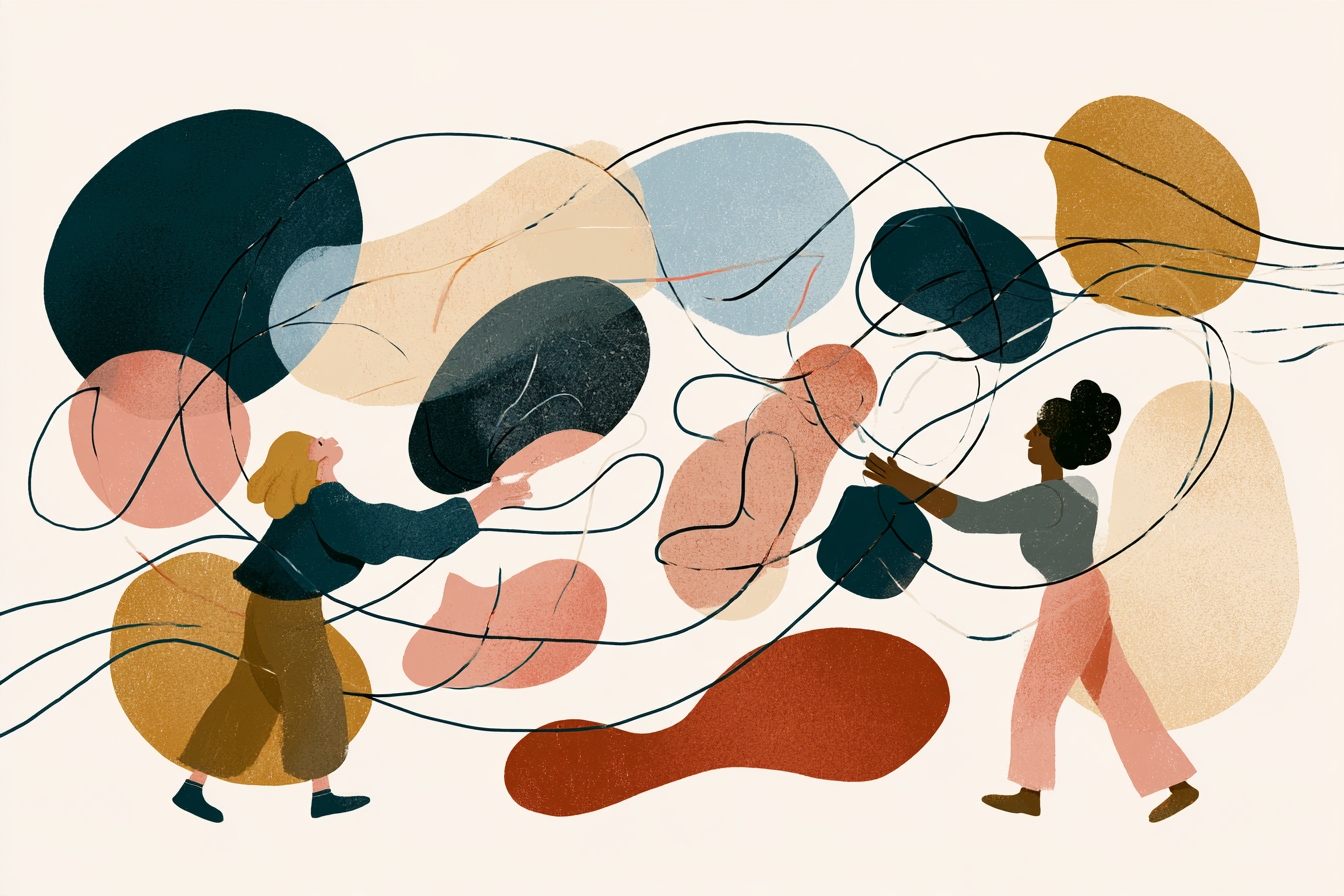 An illustration of two women reaching out towards each other amidst colorful abstract shapes, with tangled lines connecting them. Designed by Abigail Bentley of AB Research Consulting.