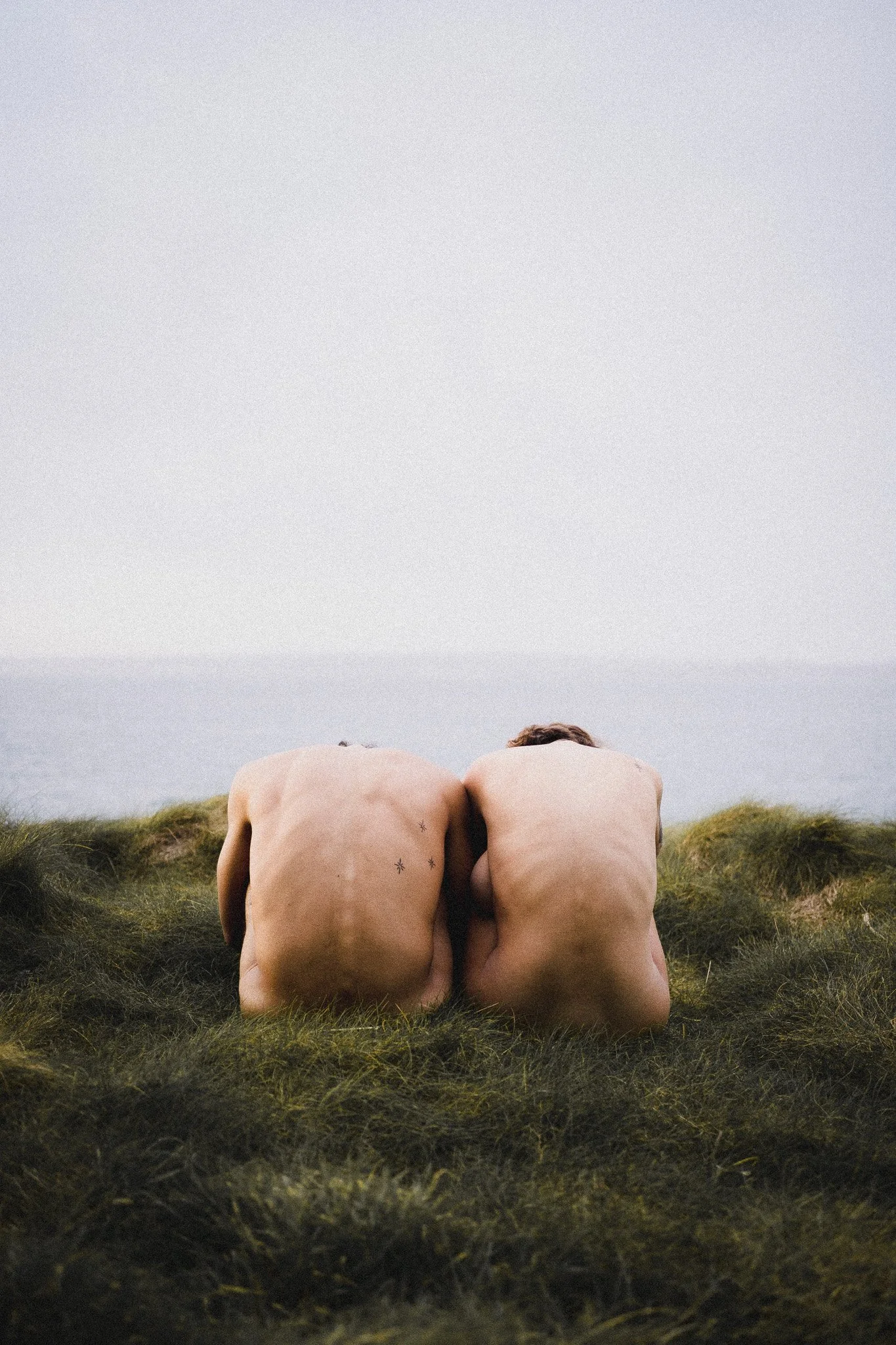 Deux personnes nues assises côte à côte sur de l'herbe, regardant l'horizon, dans un paysage naturel près de l'eau, vues de dos.