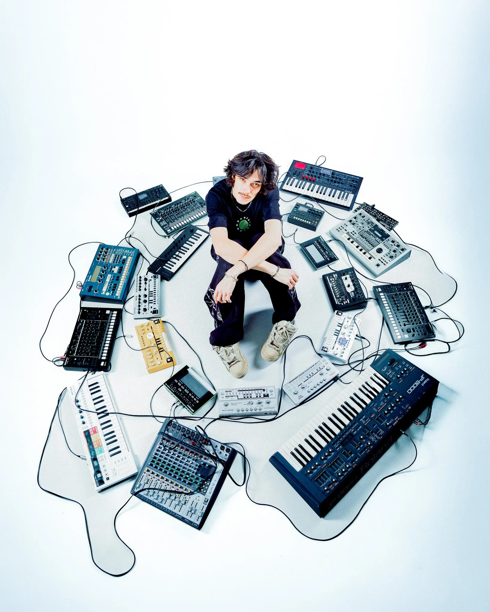 Un homme assis au centre de plusieurs synthétiseurs et appareils de musique électronique disposés en cercle autour de lui, sur un fond blanc.