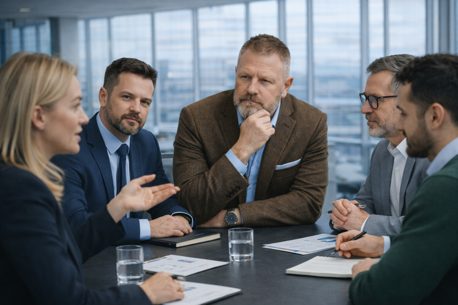 Group of five business professionals having a discussion with an OCSA executive in a modern office conference room.