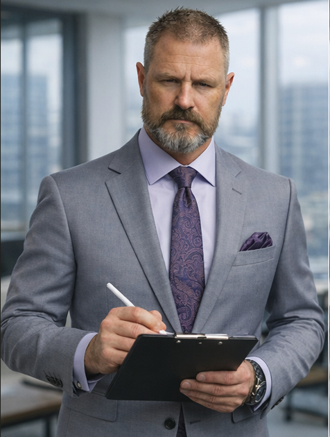 A middle-aged man in a gray suit and purple tie holding a clipboard and pen in an office.