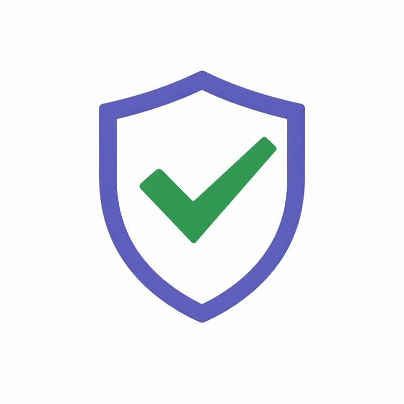 A shield outline with a green checkmark in the center