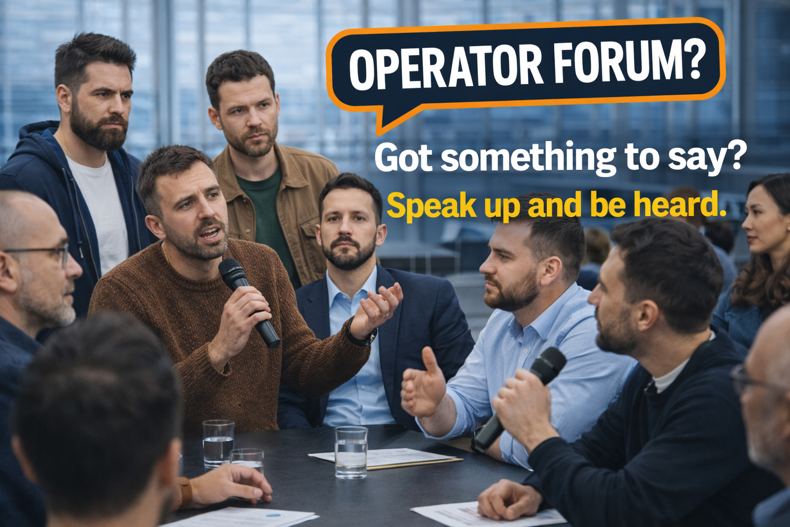 A man speaking into a microphone at a roundtable discussion with several people listening attentively, with an overlay text that reads 'Operator Forum? Got something to say? Speak up and be heard.'