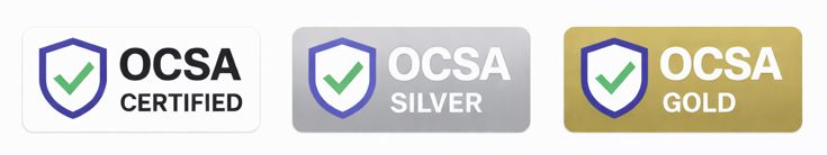 Three security certification badges: OCSA CERTIFIED with a shield checkmark, OCSA SILVER with a gray shield and checkmark, and OCSA GOLD with a gold shield and checkmark.