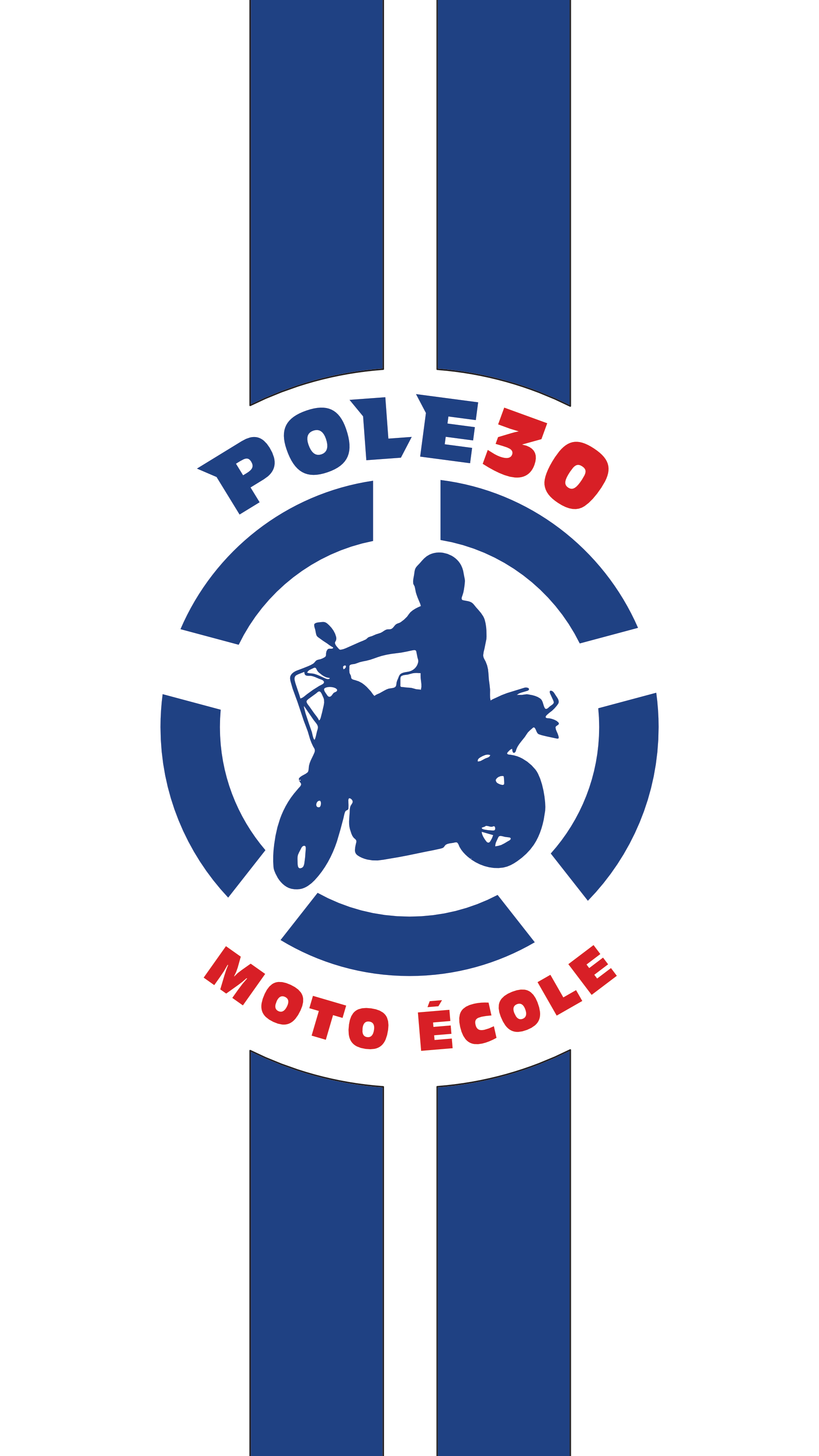 Logo avec une silhouette de motard en bleu, entourée de cercles avec les mots 'POLE 30' en haut et 'MOTO ÉCOLE' en bas, et des bandes bleues et blanches verticales en arrière-plan.