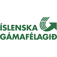 Logo with green text reading 'Islenska Gamafélag' and a circular arrow symbol.
