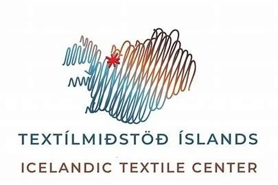 Logo for Icelandic Textile Center featuring a stylized abstract representation of a textile or fabric with a small red flower.