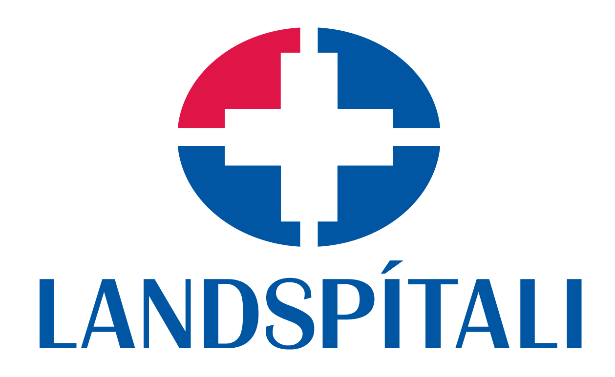 Logo of a medical organization with a blue and red cross inside a circle and the text 'LANDSPÍTALI' beneath it.