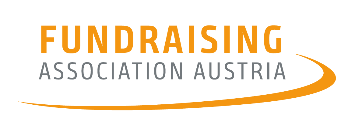 Logo of Fundraising Association Austria with the word 'FUNDRAISING' in orange, and 'ASSOCIATION AUSTRIA' in gray, with an orange swoosh design.