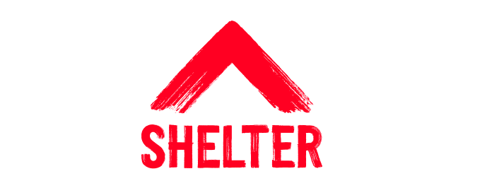 Red house roof graphic with the word 'SHELTER' underneath