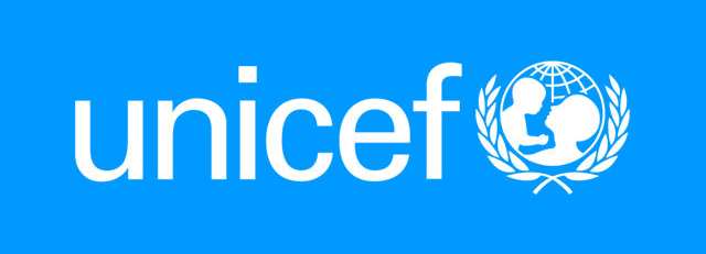 UNICEF logo with white text 'unicef' and a globe with children illustration inside on a blue background.