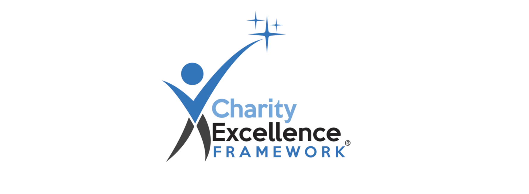 Logo for the Charity Excellence Framework featuring a stylized human figure reaching for a star, with the words "Charity Excellence Framework" in blue and black text.