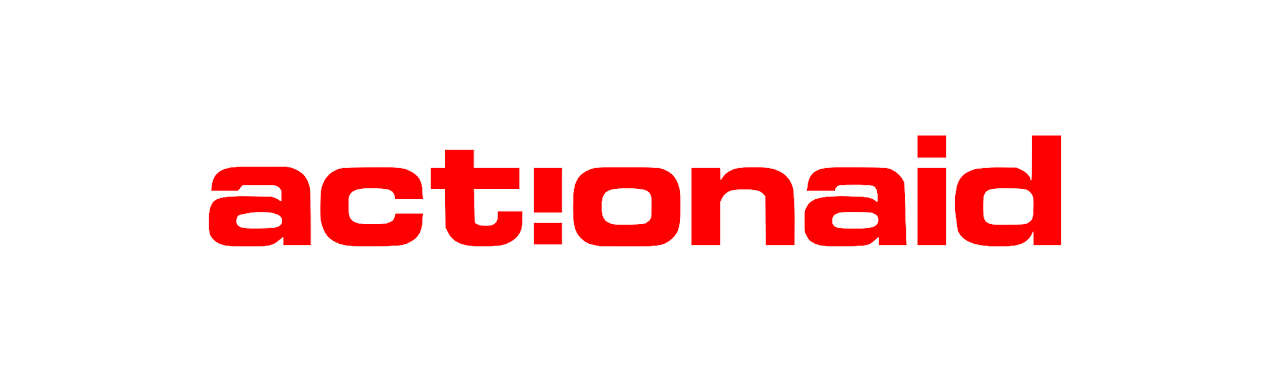 Red text spelling 'actionaid' with a stylized letter 'o' in the middle.