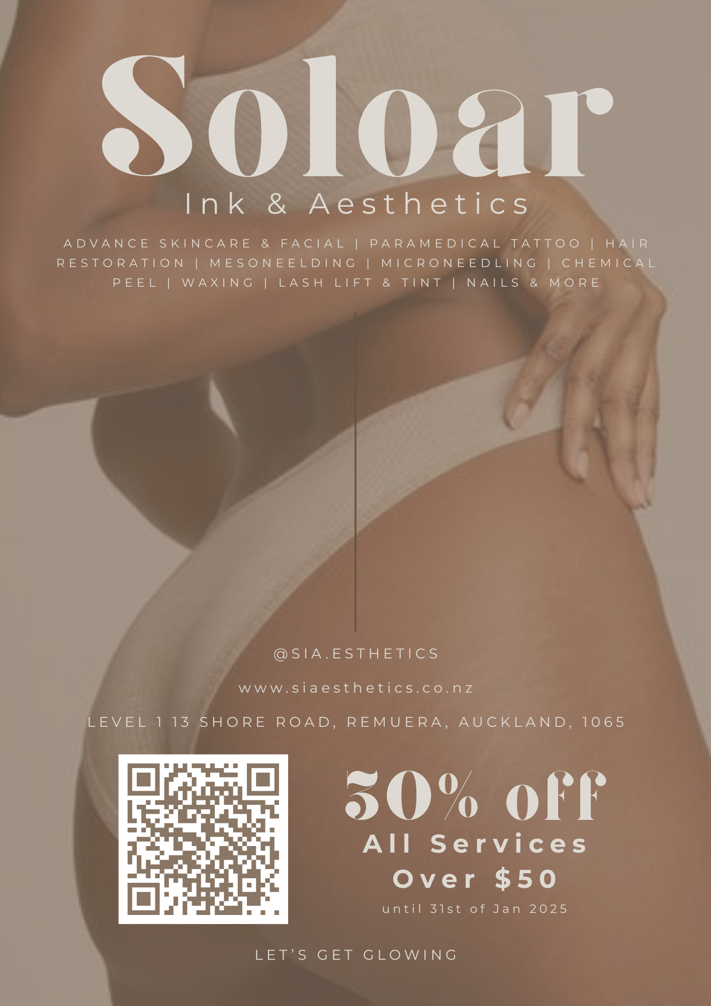 Advertisement for Solaor Ink & Aesthetics, a skincare and beauty clinic offering services like skincare, facials, tattooing, hair restoration, microneedling, chemical peels, waxing, lash lifts, and nails, with a 30% off promotion for services over $50 until January 31, 2025.