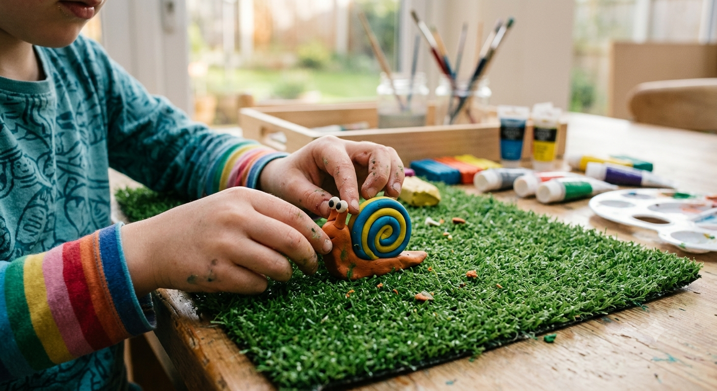 Child and adult crafting a colorful clay snail on a green craft mat, with art supplies in the background.