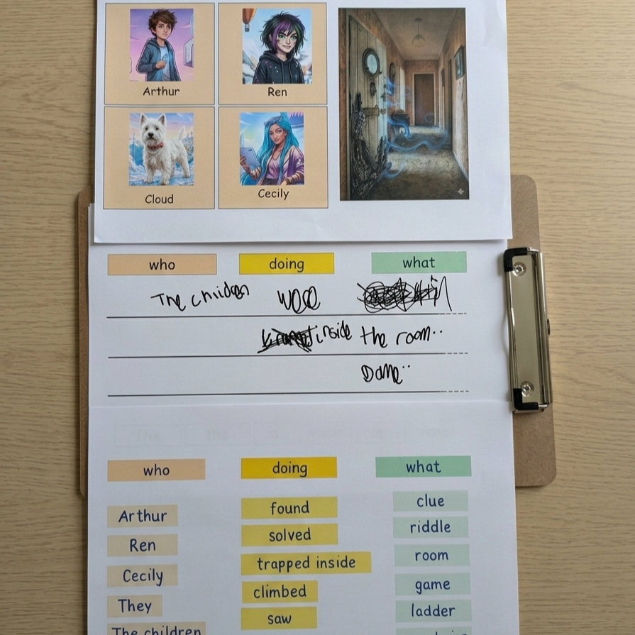 A worksheet with images and names of four characters: Arthur, Ren, Cloud, and Cecily, and a picture of an inside house hallway.