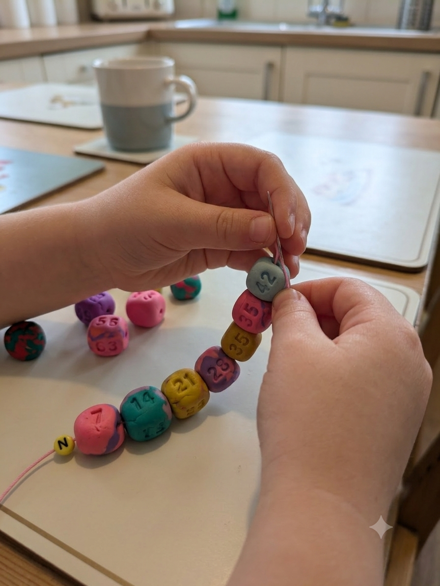 Person threading clay beads with numbers and colors onto a string for jewelry-making, with additional beads on the table.