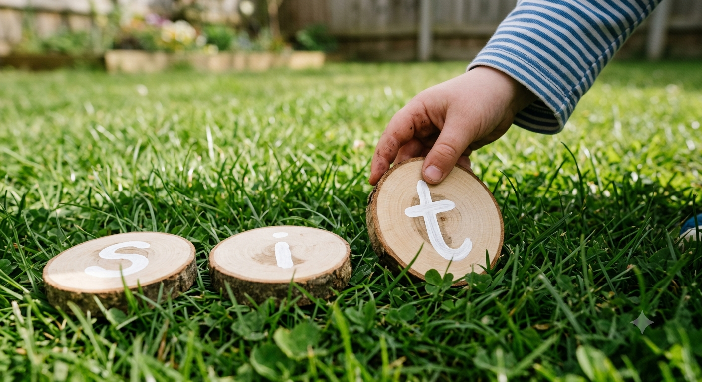 Child placing wooden log slices with white painted letters spelling 'S', 'i', 't' on a grassy lawn.