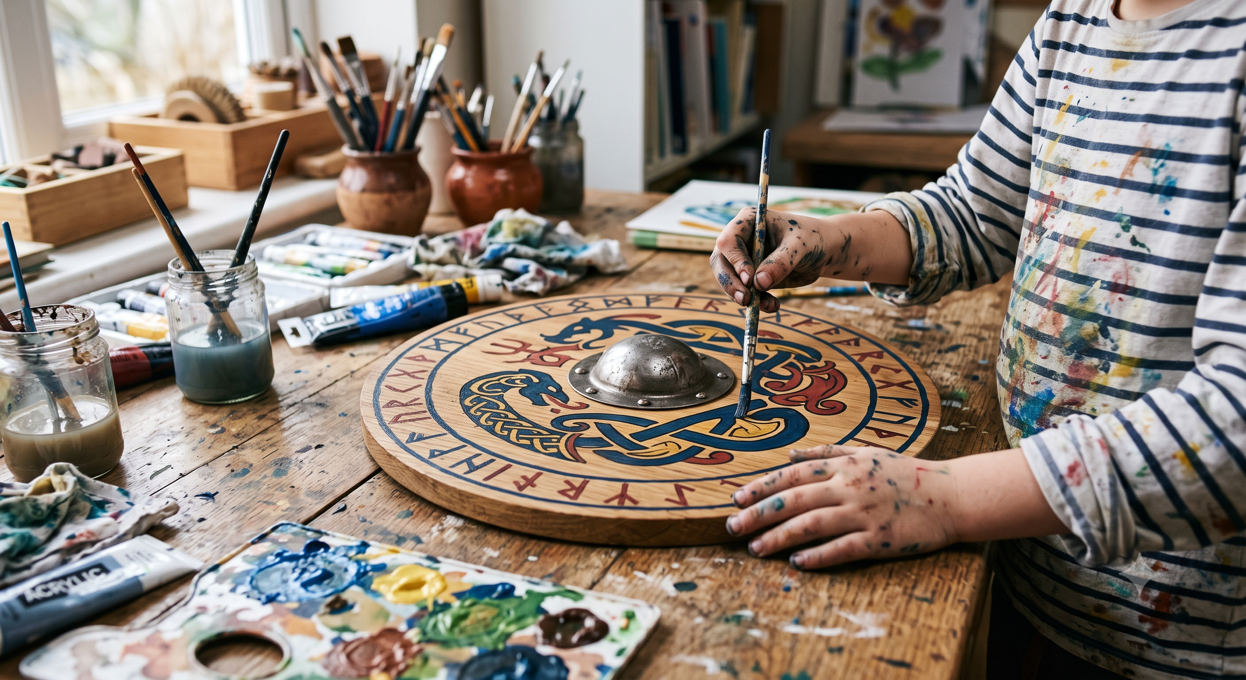 Child painting a detailed circular design with runes and symbols on a wooden, shield-shaped surface in an art studio surrounded by paints and brushes.
