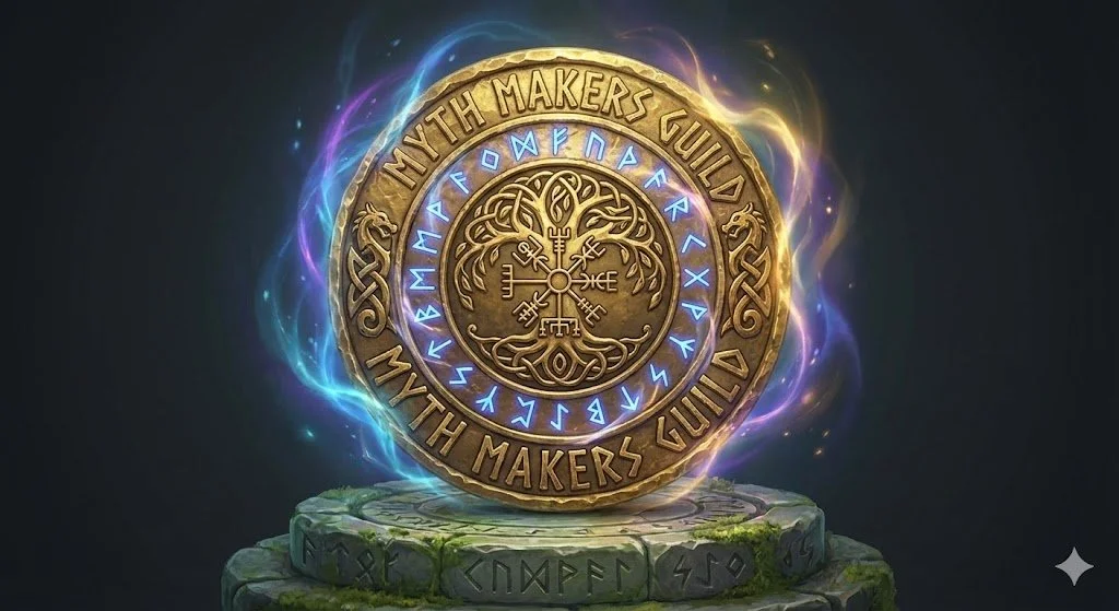 A golden coin that reads "Myth Makers Guild" glows with a blue magical light. Rune shapes glow and the tree of life can be seen in the centre.