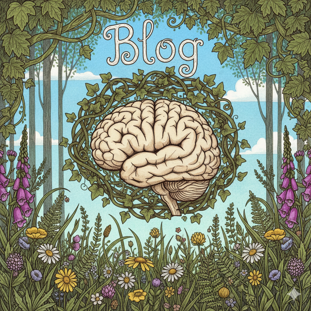 An illustration of a brain surrounded by greenery and flowers with the word 'Blog' above it.