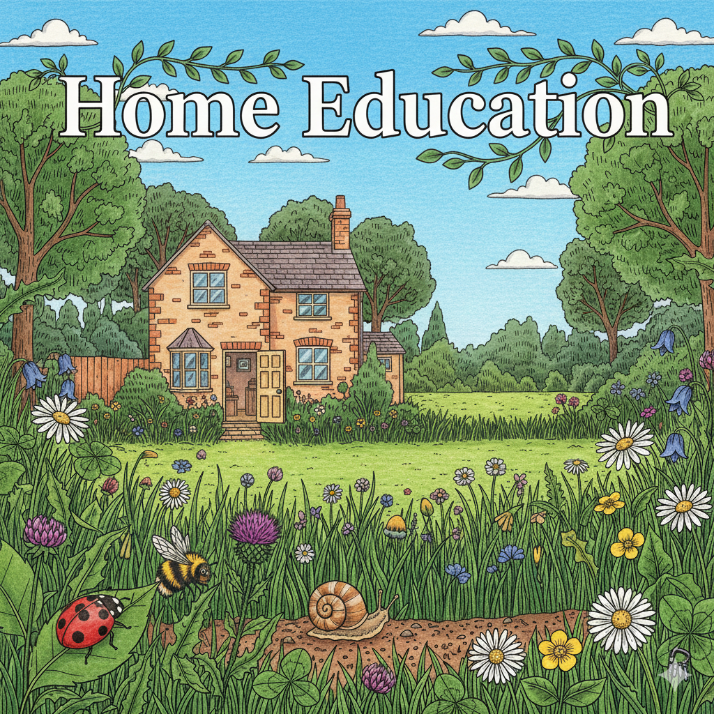 An illustration of a backyard garden with a brick house, tall trees, a grassy yard, and various flowers. In the foreground, a ladybug, a bee, and a snail are on the grass among the flowers. The sky is blue with fluffy white clouds, and the words "Home Education" are written across the top.
