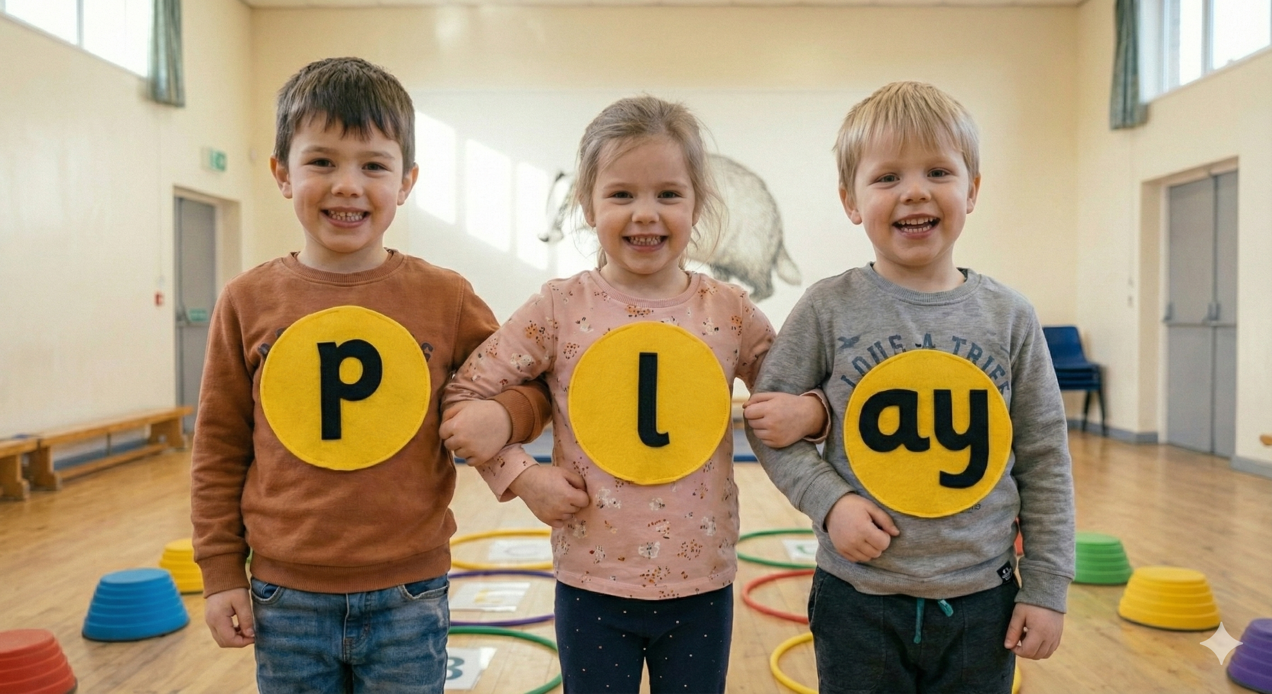 Three young children standing in a room holding circular yellow signs with black letters spelling ' play'. They are smiling and appear to be at a school or community center with colorful cones and hoops on the floor.
