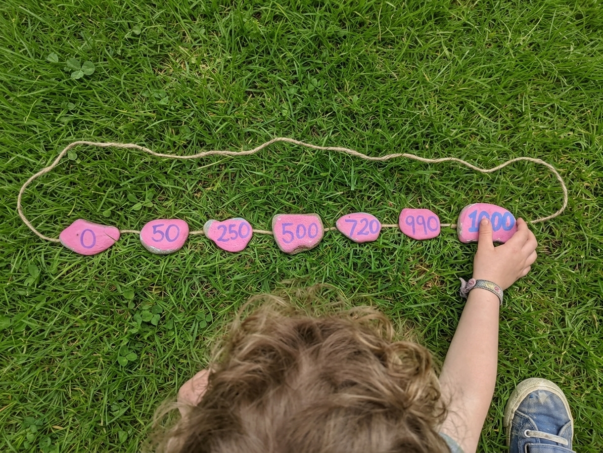 A child with curly hair, wearing a bracelet and sneakers, laying on the grass, pointing at a row of stones with numbers on them. The stones are pink with purple numbers, arranged from 0 to 1000, increasing in size and value.
