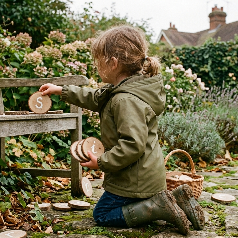A young child with blonde hair in a braid, wearing a green jacket and rubber boots, kneeling on the ground and picking up circular wooden signs with letters on them in a garden with blooming bushes and flowers.