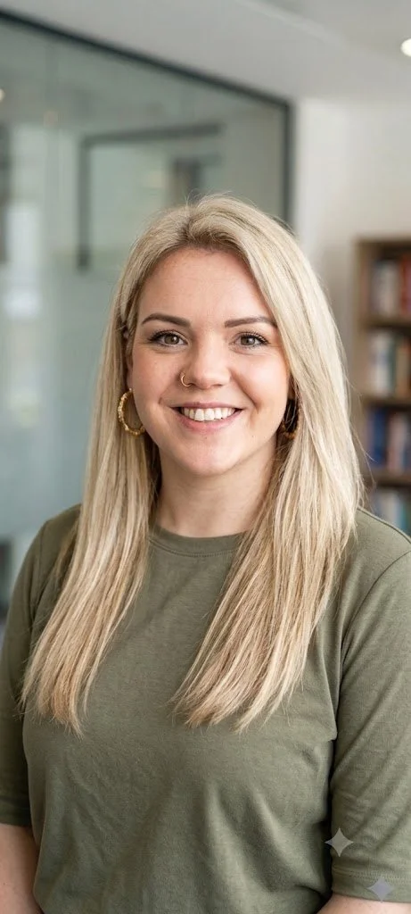 A young woman with long blonde hair, wearing gold hoop earrings and a nose ring, smiling in an indoor space with glass and bookshelf background.