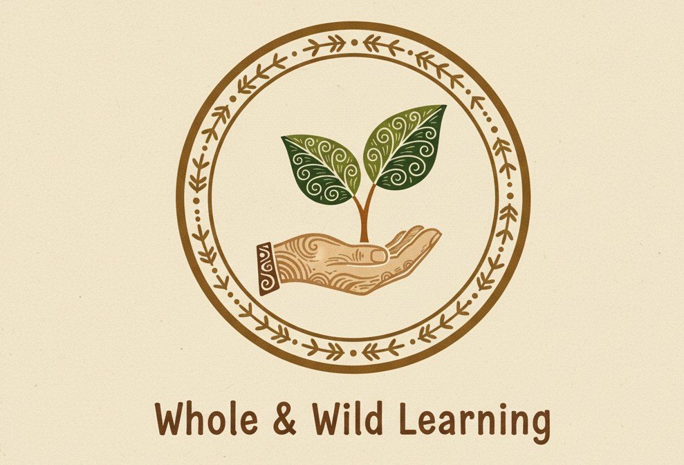 A logo with a hand holding a small plant with two leaves, surrounded by a circular decorative border, and the words "Whole & Wild Learning" below.