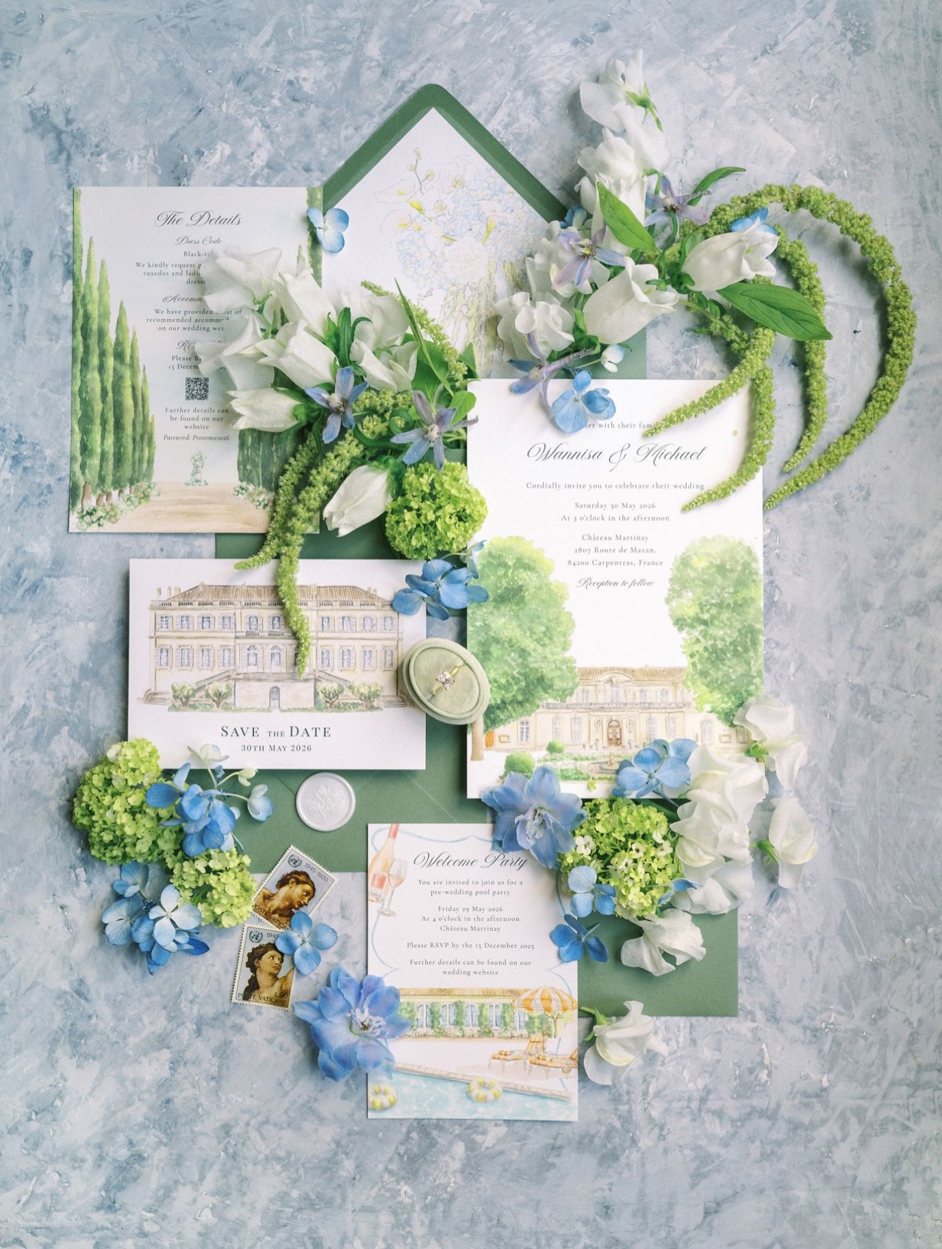 Perfection, on paper by @jademarieatelier 

Before the flowers, before the guests, before the first glass of ros&eacute;&hellip; there was this.

Watercolour illustrations of Ch&acirc;teau Martinay, a cypress-lined alley, a poolside welcome party, sa