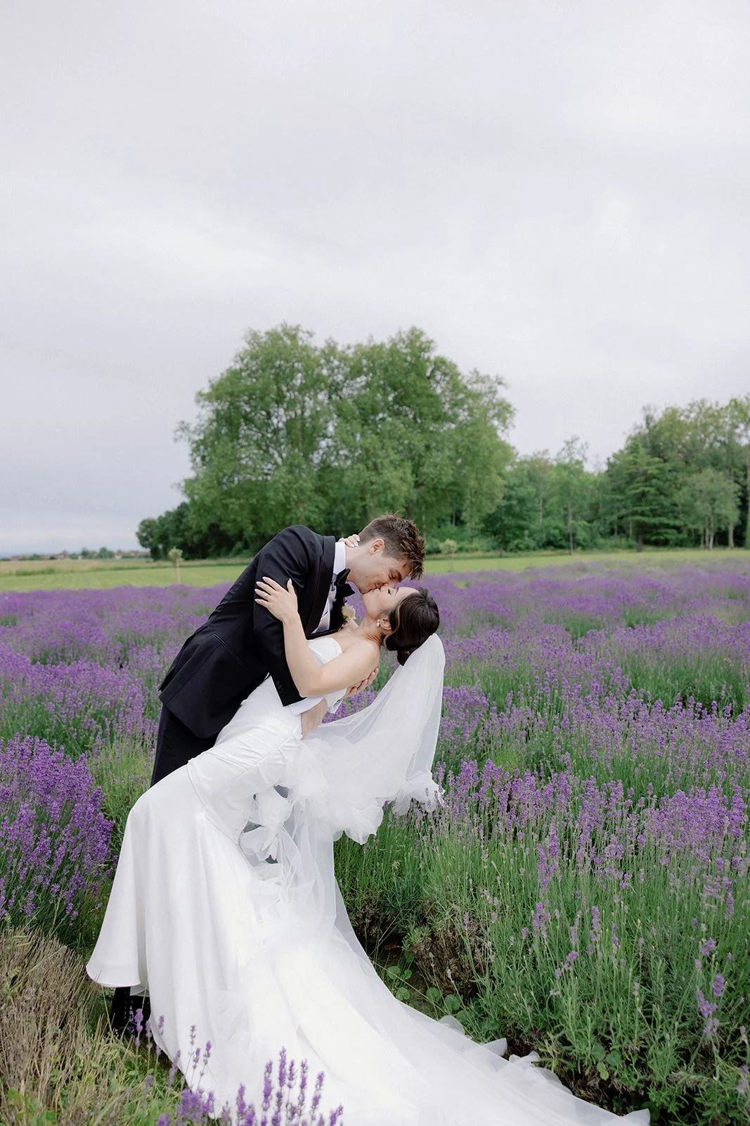A bride and groom kissing in a lavender field with green trees and overcast sky in the background.