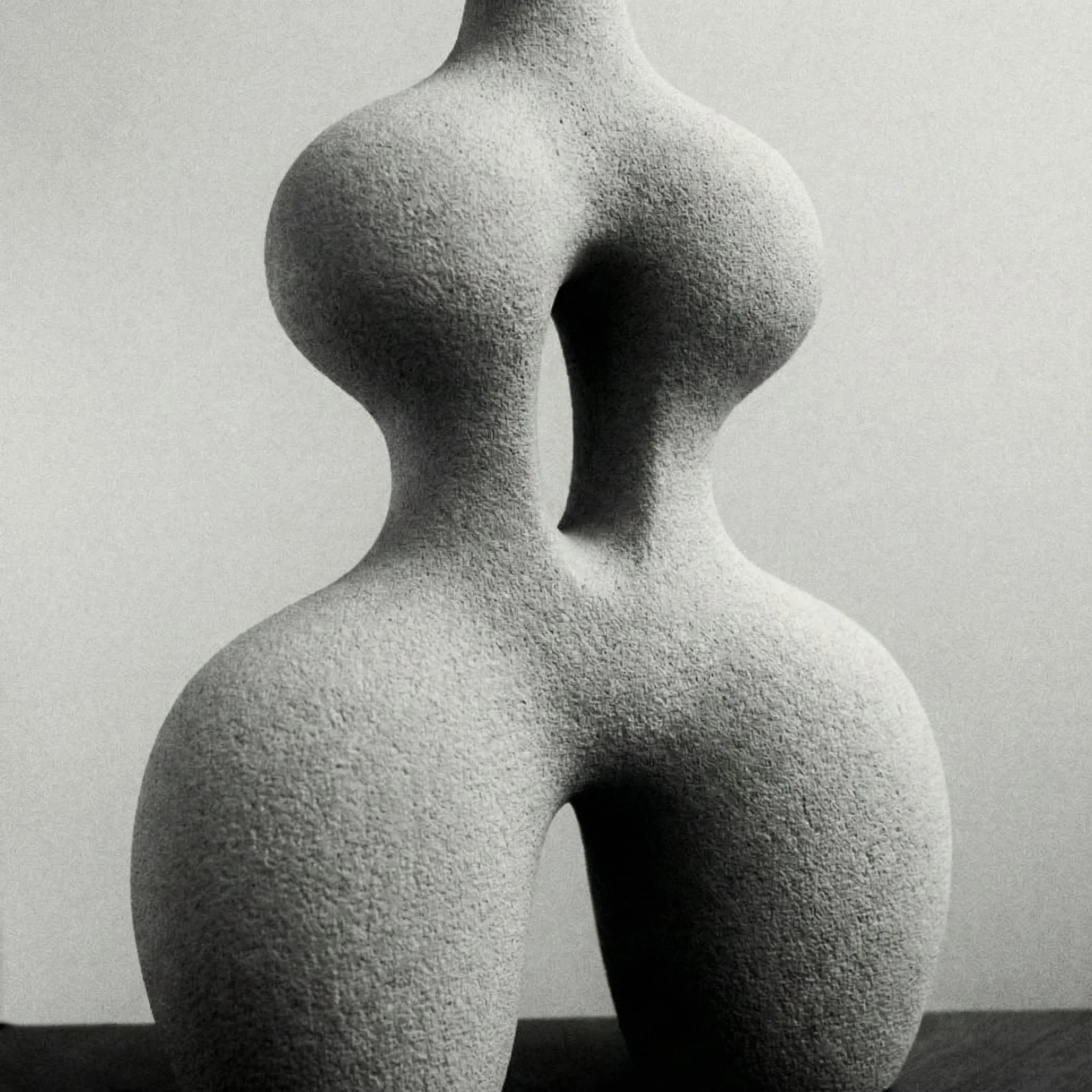 Abstrakte Skulptur einer weiblichen Figur aus grauem Stein