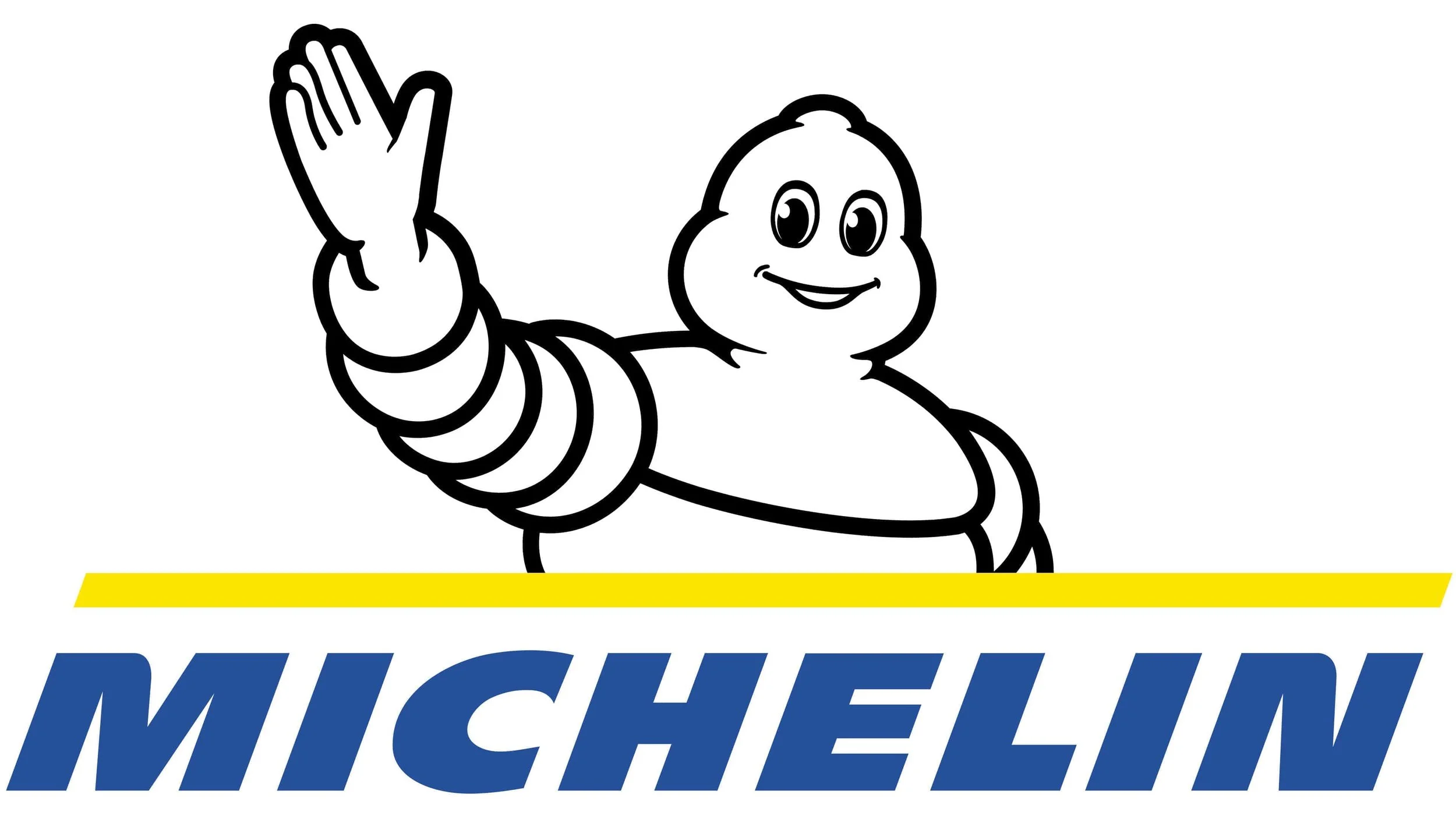 Michelin mascot Bibendum, a cartoon character with a smiling face, waving, with the Michelin logo below.