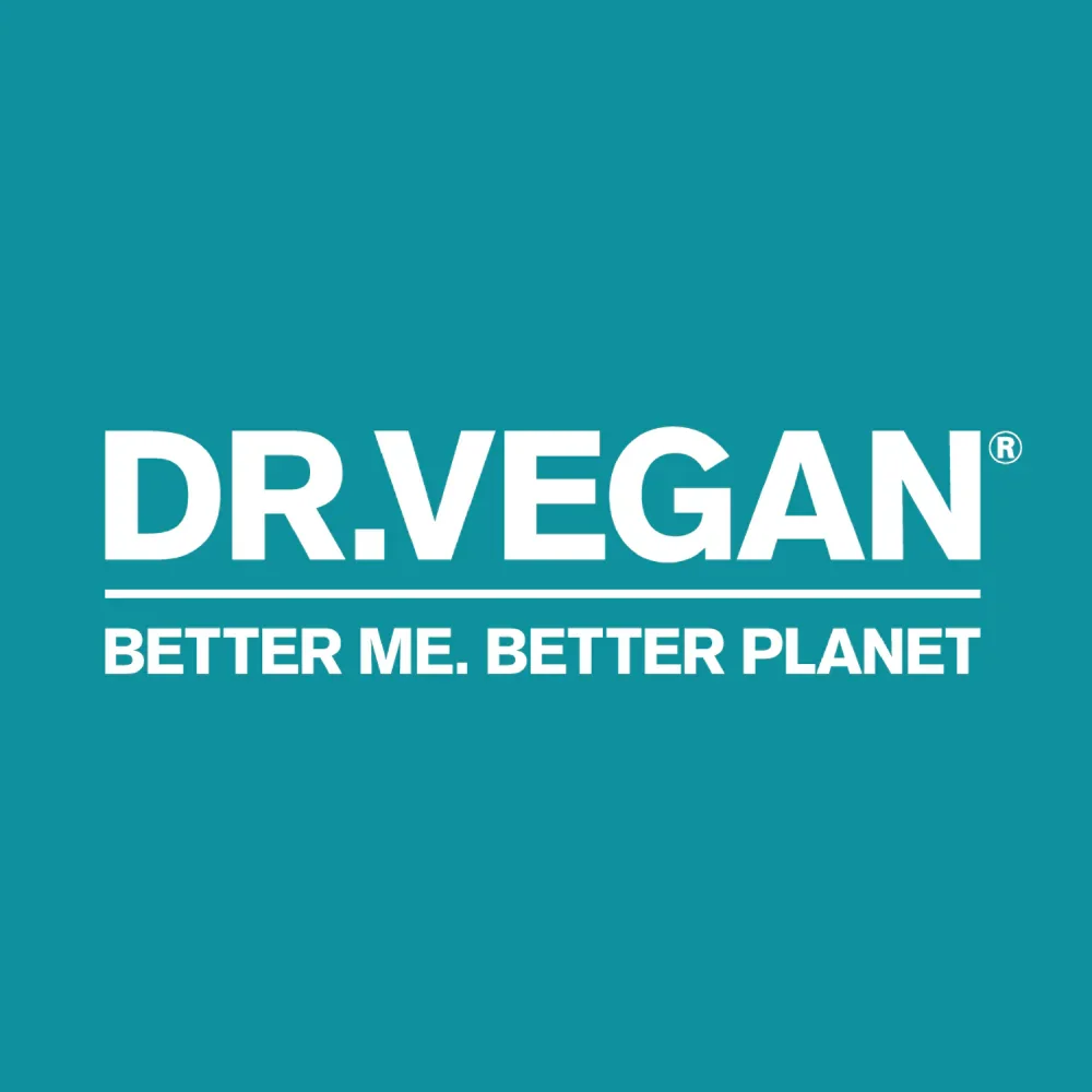 Logo for Dr. Vegan with the tagline 'Better Me. Better Planet.' on a teal background.