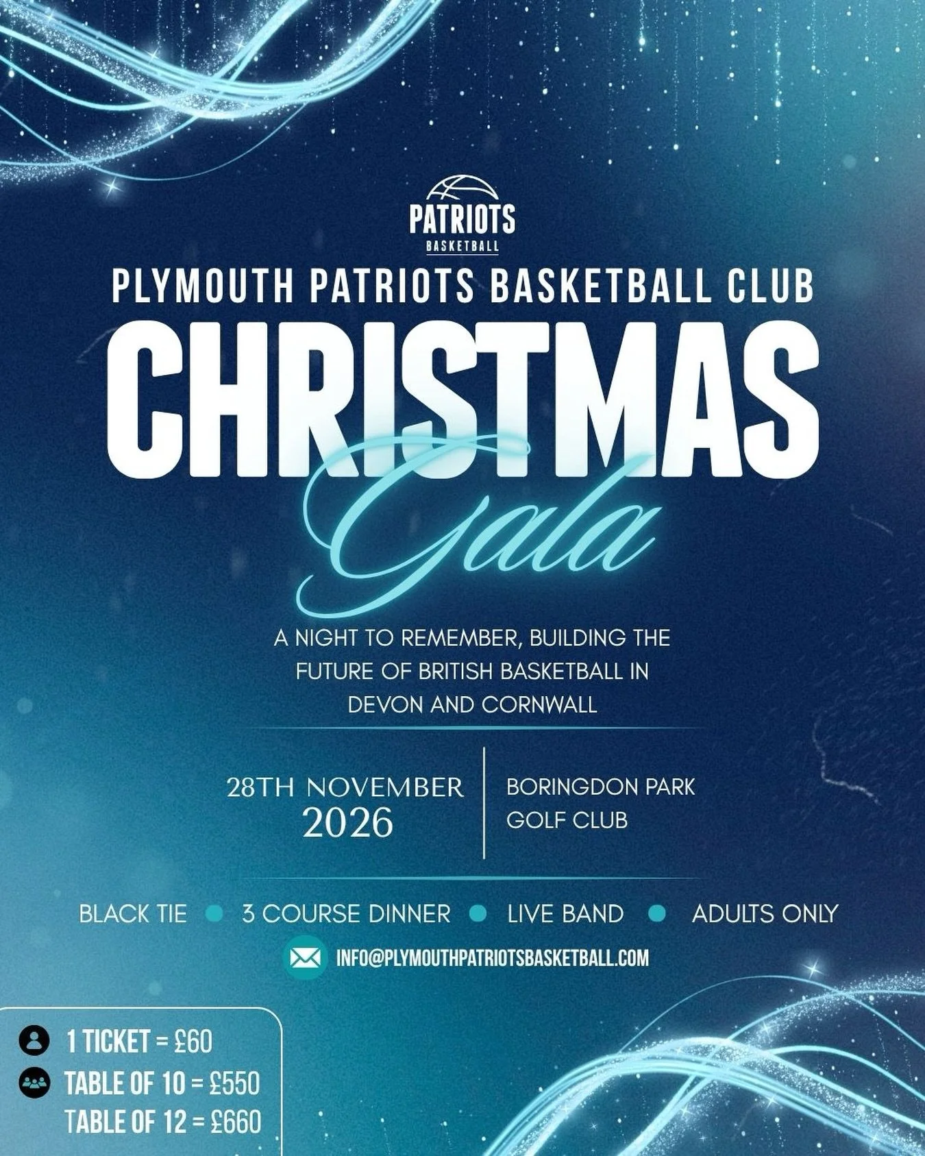 PATRIOTS CHRISTMAS GALA 2026

Tickets for our Christmas Gala go on sale on 19th June, and we&rsquo;re already looking forward to what promises to be a fantastic evening!

Taking place on Saturday 28th November at Boringdon Park Golf Club, the black t