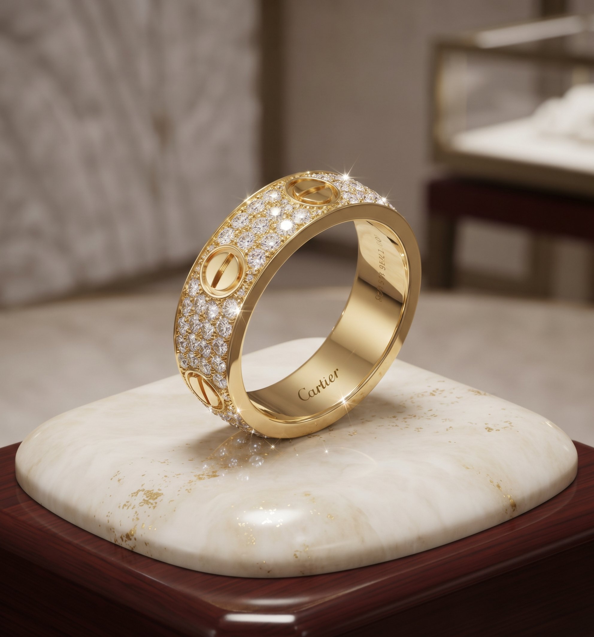 Bague en or pavée de diamants exposée sur un socle en marbre dans une vitrine, visuel joaillerie généré par IA