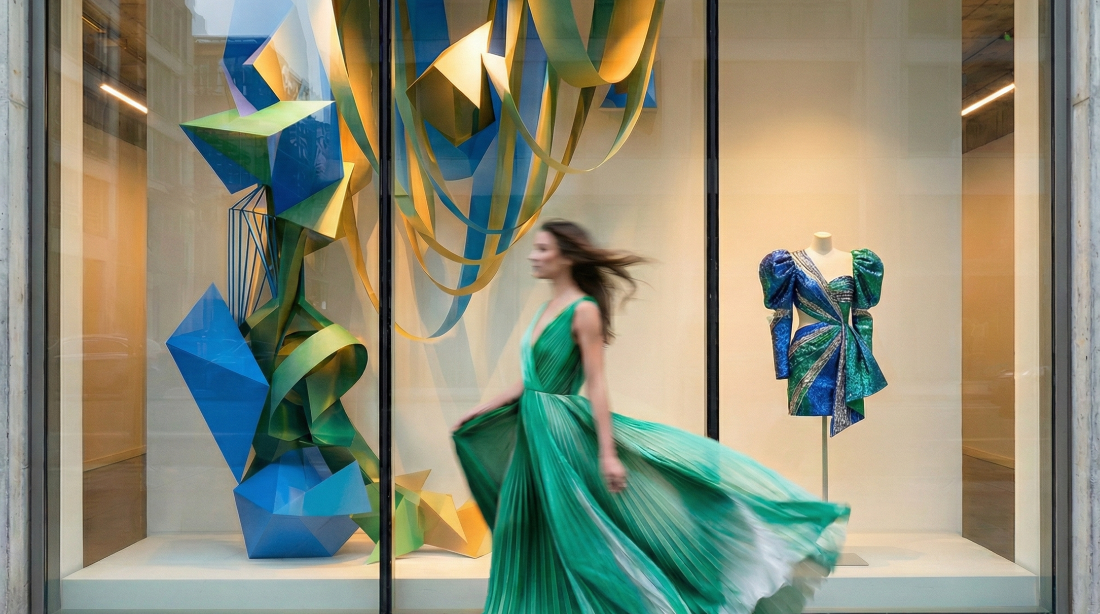 Vitrine de boutique avec sculptures en papier bleu, vert et doré, une femme en robe verte fluide passe devant