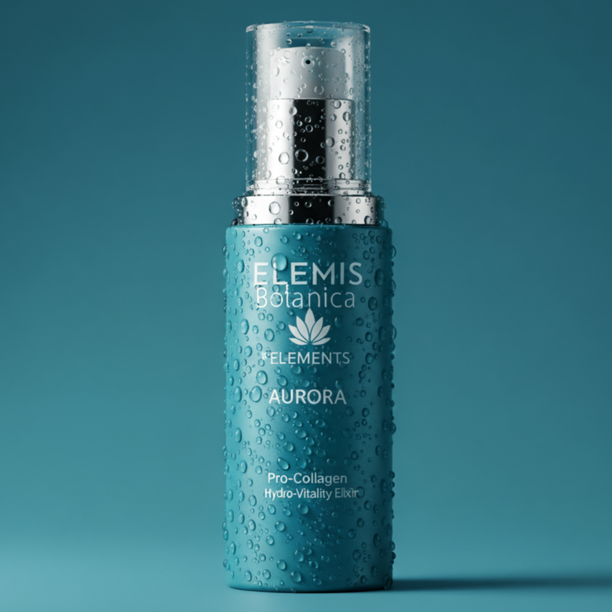 Flacon de sérum turquoise à motifs sur fond bleu, packshot cosmétique généré par IA